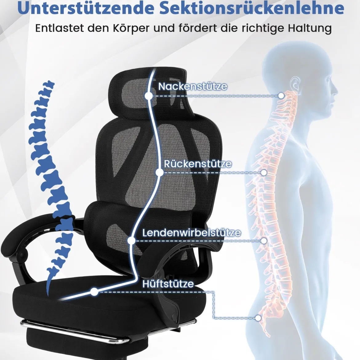 Bürostuhl ergonomisch mit einziehbarer Fußstütze Schreibtischstuhl mit Verstellbarer Rückenlehne Drehstuhl für Zuhause