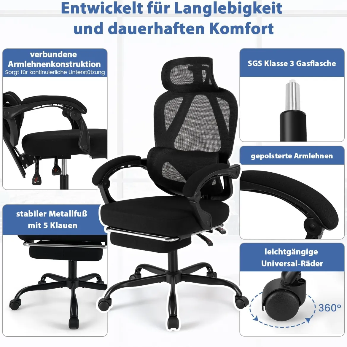 Bürostuhl ergonomisch mit einziehbarer Fußstütze Schreibtischstuhl mit Verstellbarer Rückenlehne Drehstuhl für Zuhause