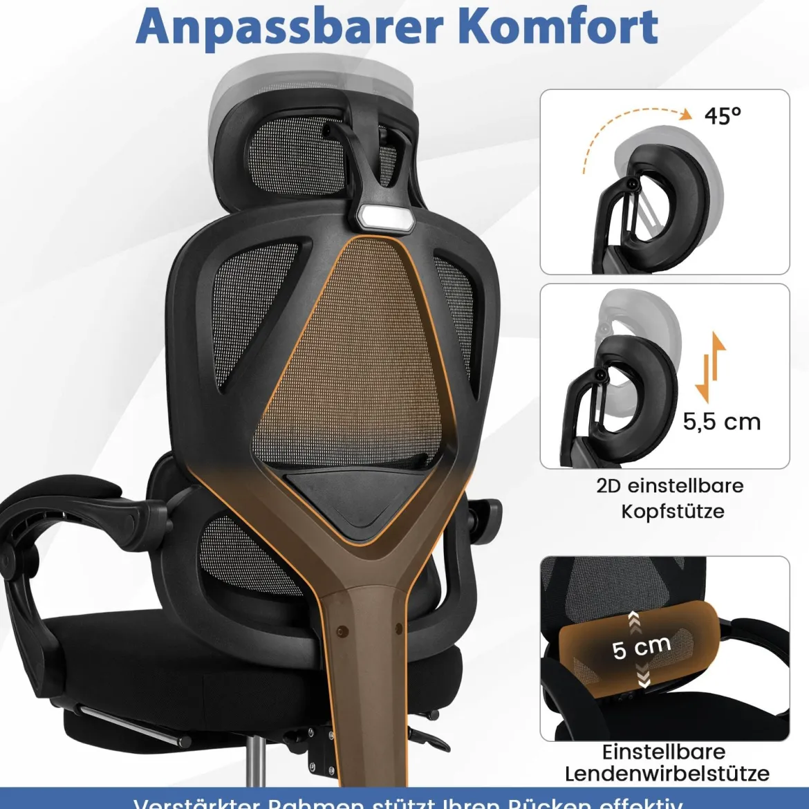 Bürostuhl ergonomisch mit einziehbarer Fußstütze Schreibtischstuhl mit Verstellbarer Rückenlehne Drehstuhl für Zuhause