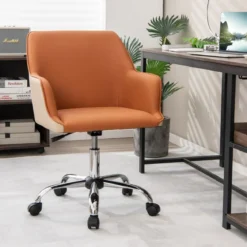 Bürostuhl für Zuhause aus Kunstleder mit 5 Rädern Drehstuhl mit Rückenlehne Braun