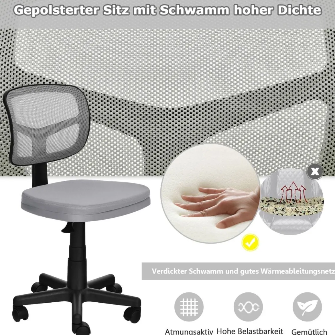 Bürostuhl höhenverstellbarer Computerstuhl 360° drehbar 50 x 50 x 79-91 cm Grau
