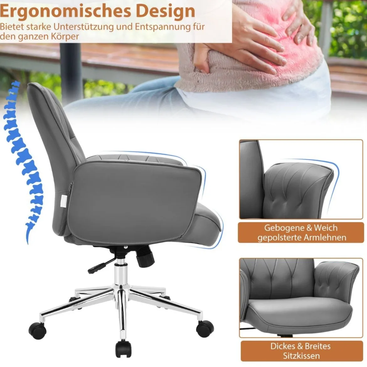 Bürostuhl Kunstleder Ergonomischer Schreibtischstuhl Höhenverstellbarer Drehstuhl Grau