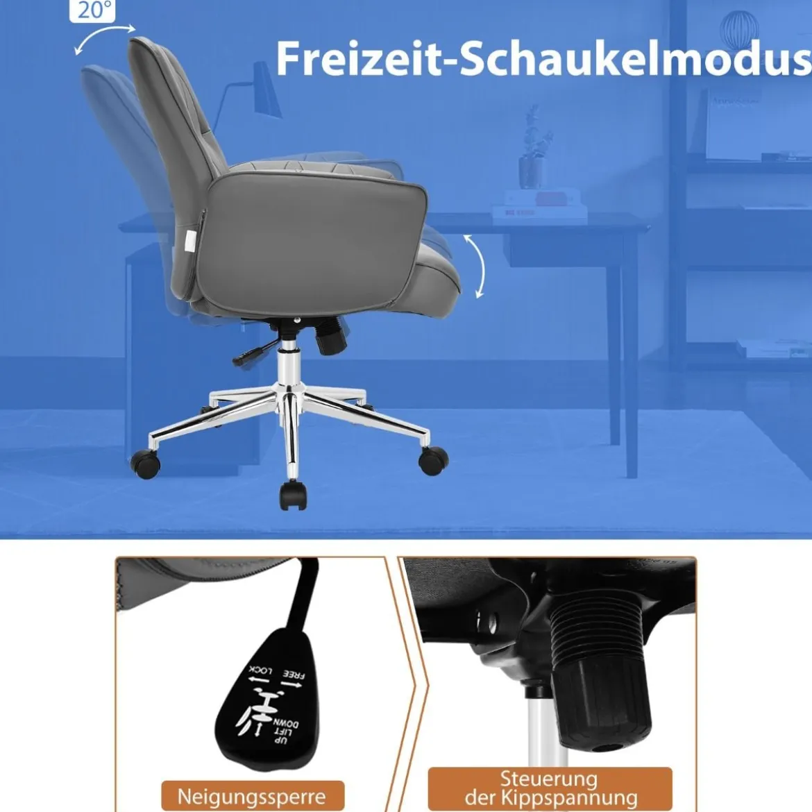 Bürostuhl Kunstleder Ergonomischer Schreibtischstuhl Höhenverstellbarer Drehstuhl Grau
