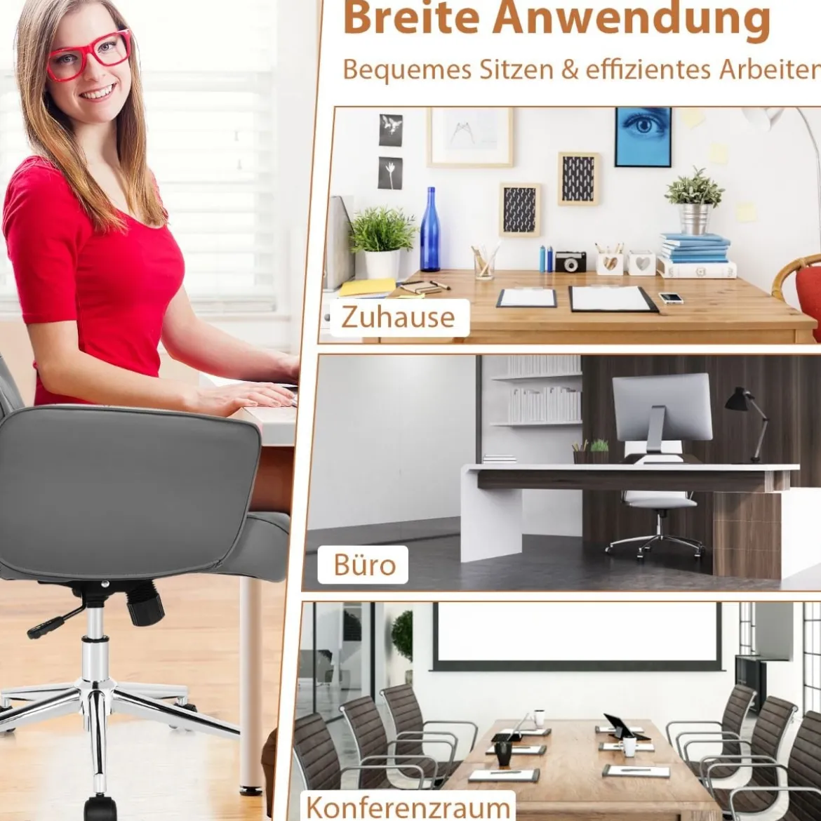Bürostuhl Kunstleder Ergonomischer Schreibtischstuhl Höhenverstellbarer Drehstuhl Grau