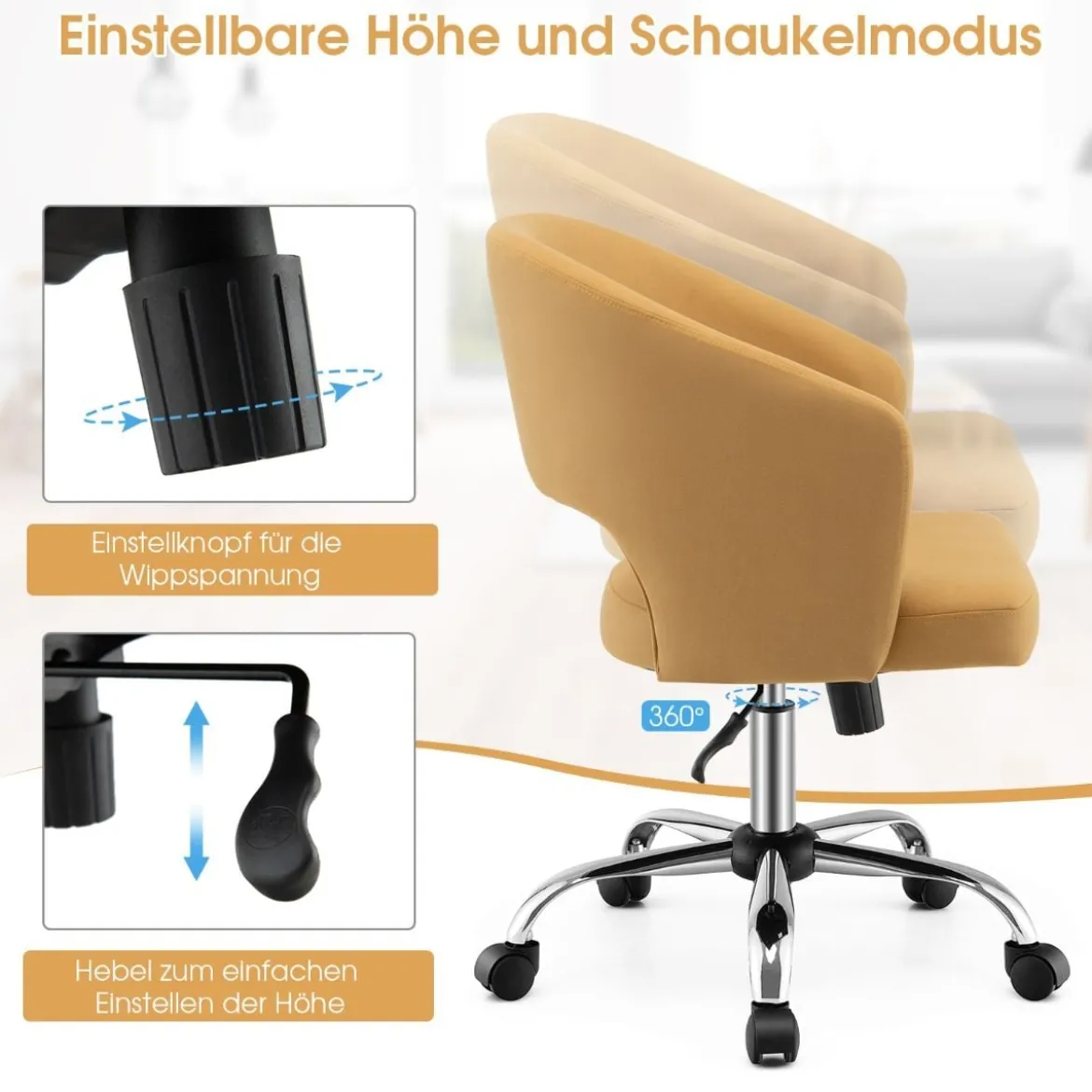 Bürostuhl mit gebogener Rückenlehne Drehstuhl mit mittlerer Rückenlehne und Schaukelmodus Gelb