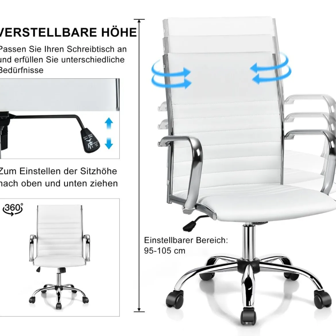Bürostuhl mit hoher Lehne ergonomischer Computerstuhl Rückenlehne 55 x 60 x 95-105 cm Weiß