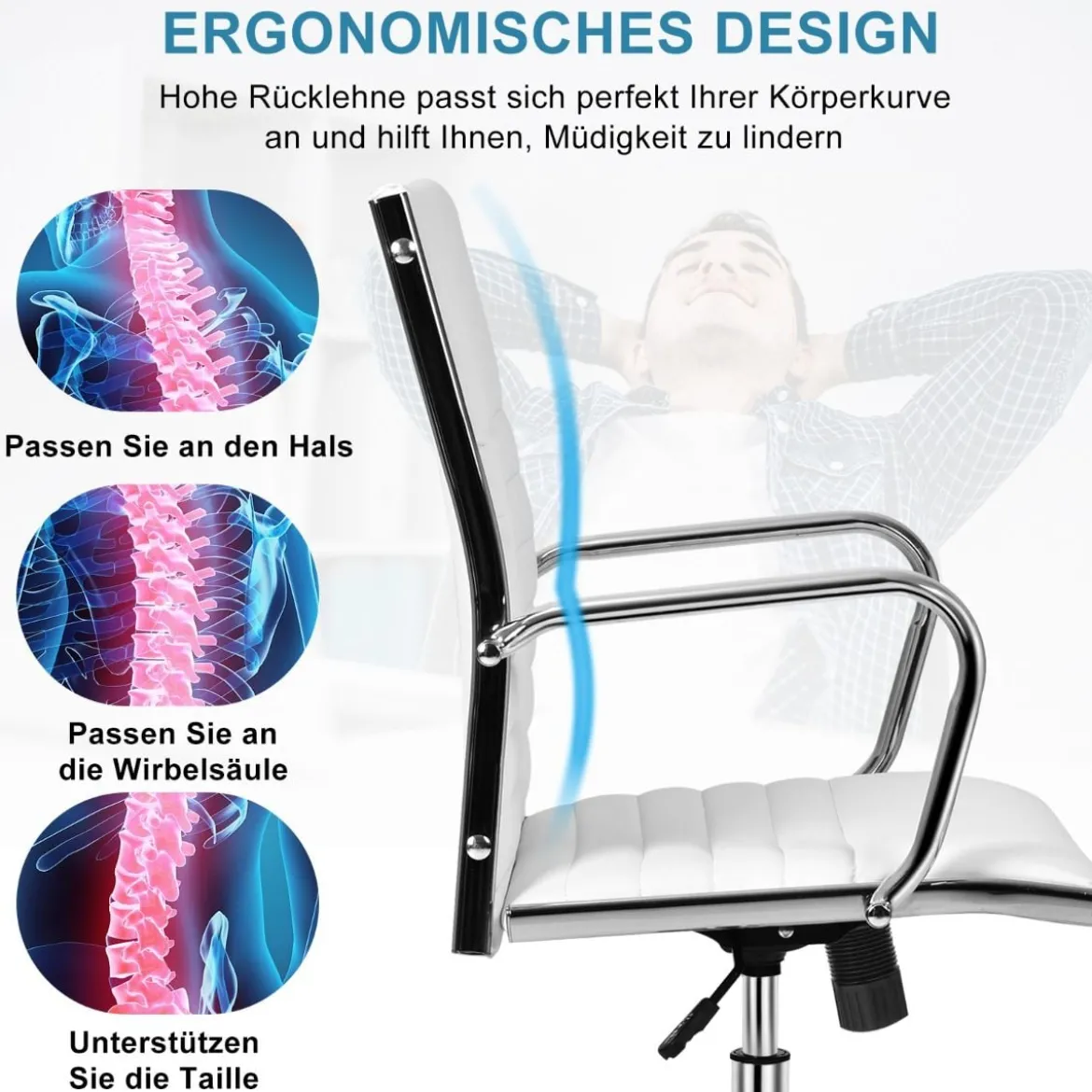 Bürostuhl mit hoher Lehne ergonomischer Computerstuhl Rückenlehne 55 x 60 x 95-105 cm Weiß
