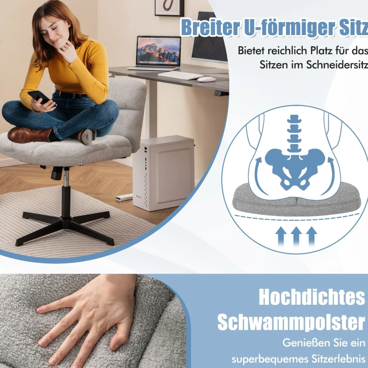 Bürostuhl mit Lammfellimitat & Breitem Sitz & Wippfunktion Höhenverstellbarer Schreibtischstuhl