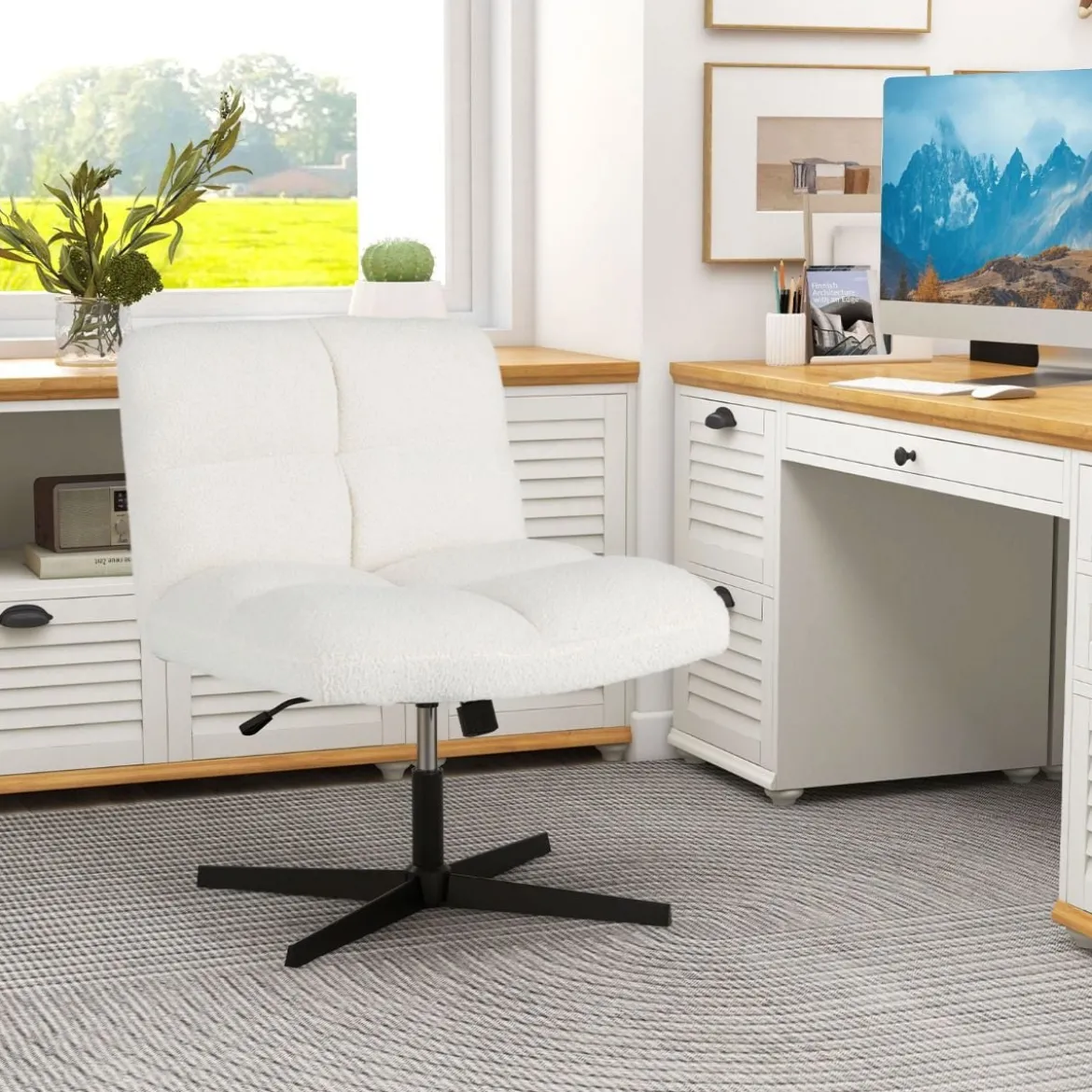Bürostuhl mit Lammfellimitat & Breitem Sitz & Wippfunktion Höhenverstellbarer Schreibtischstuhl