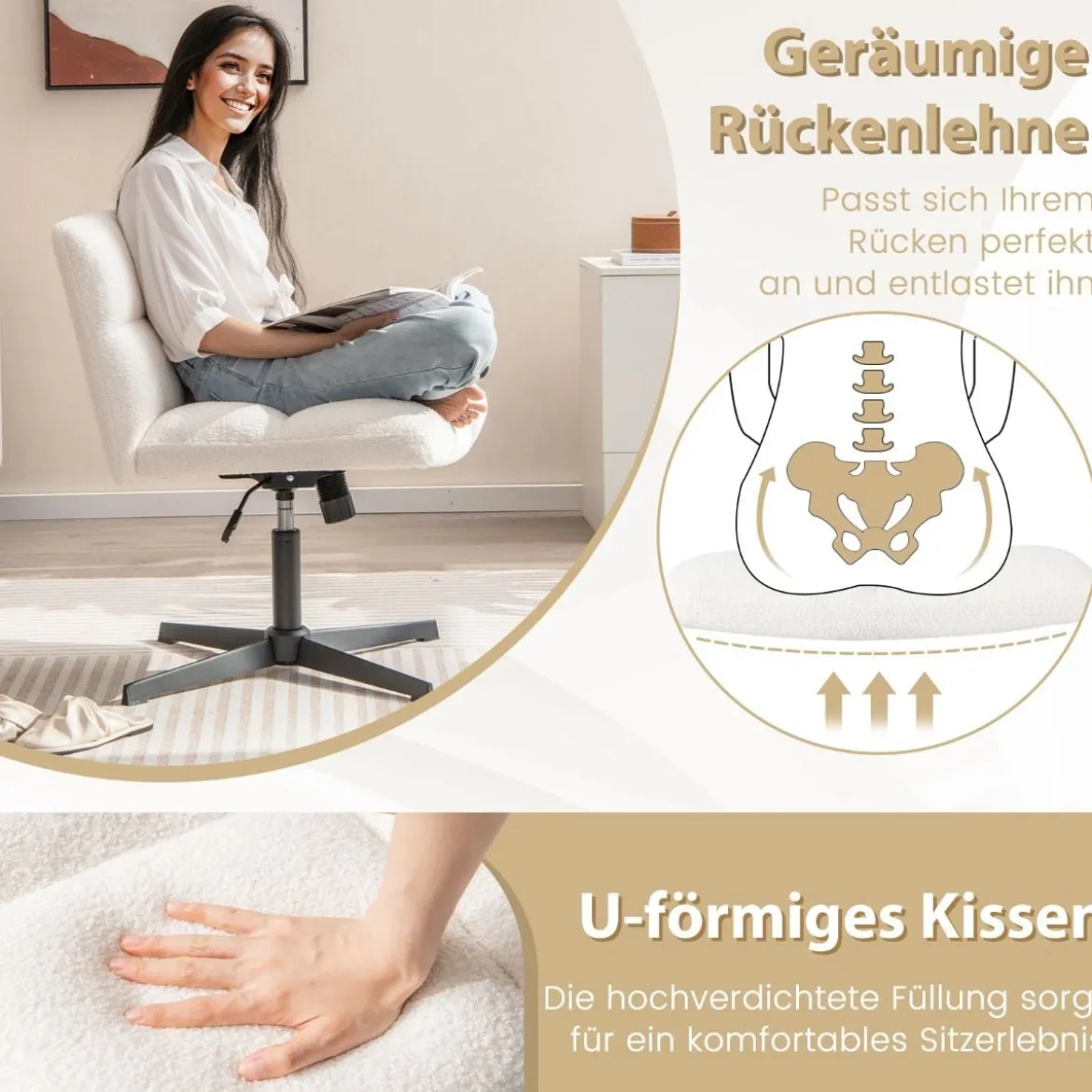 Bürostuhl mit Lammfellimitat & Breitem Sitz & Wippfunktion Höhenverstellbarer Schreibtischstuhl