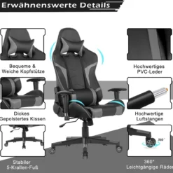 Bürostuhl mit Lendenkissen & Kopfstütze Ergonomischer Gaming Stuhl Schwarz + Grau