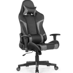 Bürostuhl mit Lendenkissen & Kopfstütze Ergonomischer Gaming Stuhl Schwarz + Grau