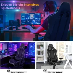 Bürostuhl mit Lendenkissen & Kopfstütze Ergonomischer Gaming Stuhl Schwarz + Grau