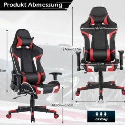 Bürostuhl mit Lendenkissen & Kopfstütze Ergonomischer Gaming Stuhl Schwarz + Rot
