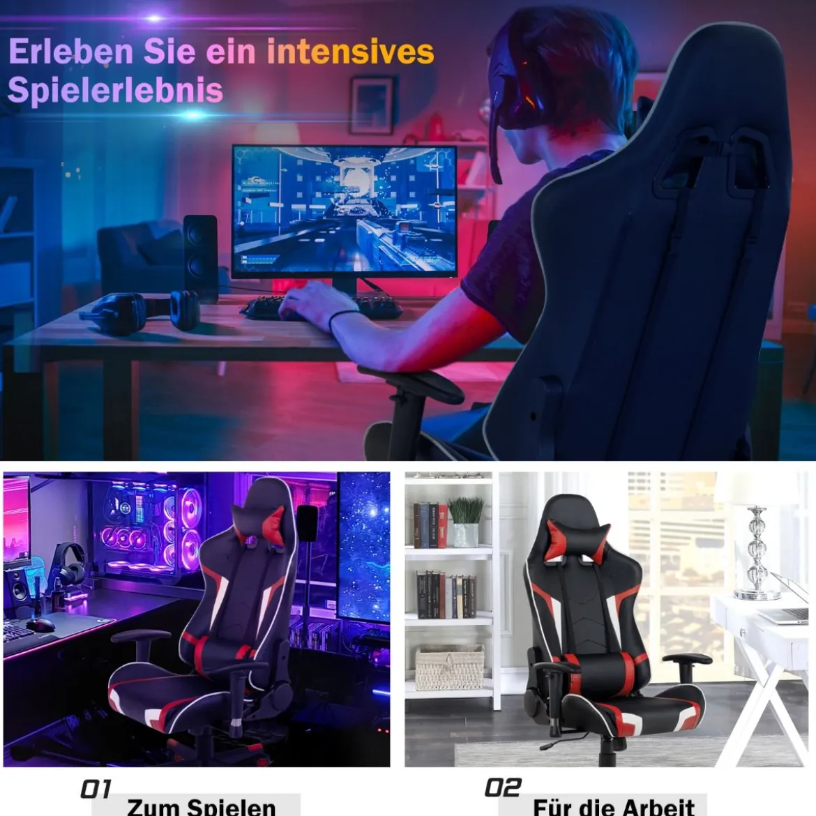 Bürostuhl mit Lendenkissen & Kopfstütze Ergonomischer Gaming Stuhl Schwarz + Rot