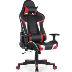 Bürostuhl mit Lendenkissen & Kopfstütze Ergonomischer Gaming Stuhl Schwarz + Rot