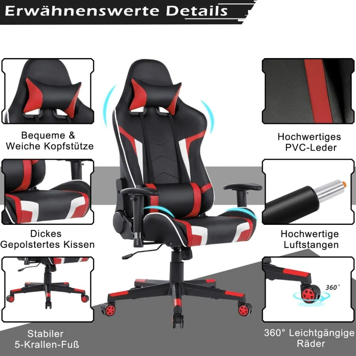 Bürostuhl mit Lendenkissen & Kopfstütze Ergonomischer Gaming Stuhl Schwarz + Rot
