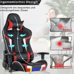 Bürostuhl mit Lendenkissen & Kopfstütze Ergonomischer Gaming Stuhl Schwarz + Rot