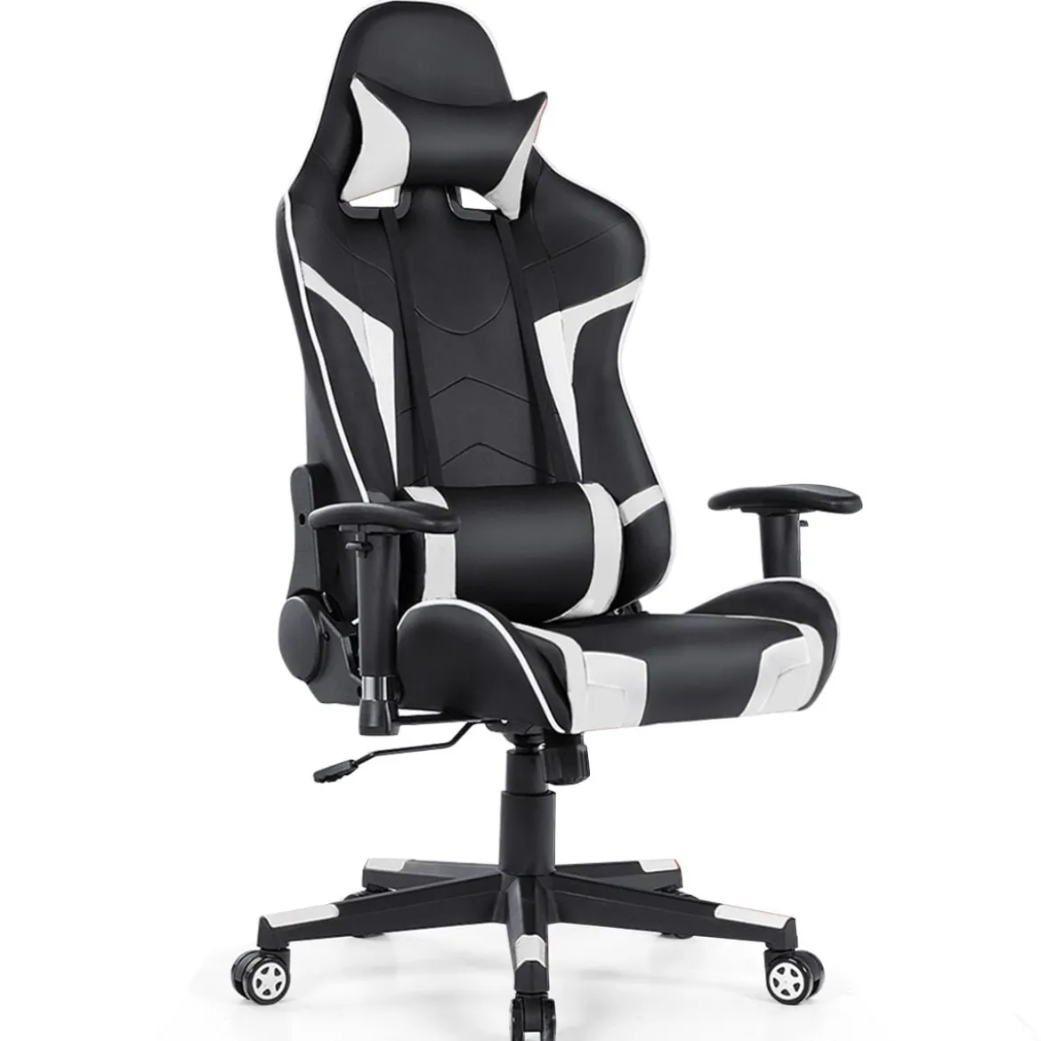 Bürostuhl mit Lendenkissen & Kopfstütze Ergonomischer Gaming Stuhl Schwarz + Weiß