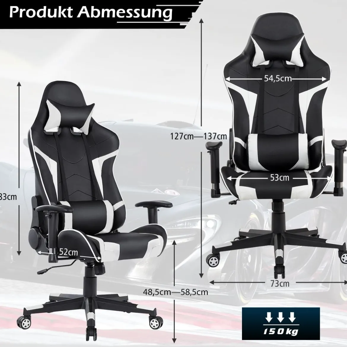 Bürostuhl mit Lendenkissen & Kopfstütze Ergonomischer Gaming Stuhl Schwarz + Weiß