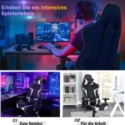 Bürostuhl mit Lendenkissen & Kopfstütze Ergonomischer Gaming Stuhl Schwarz + Weiß