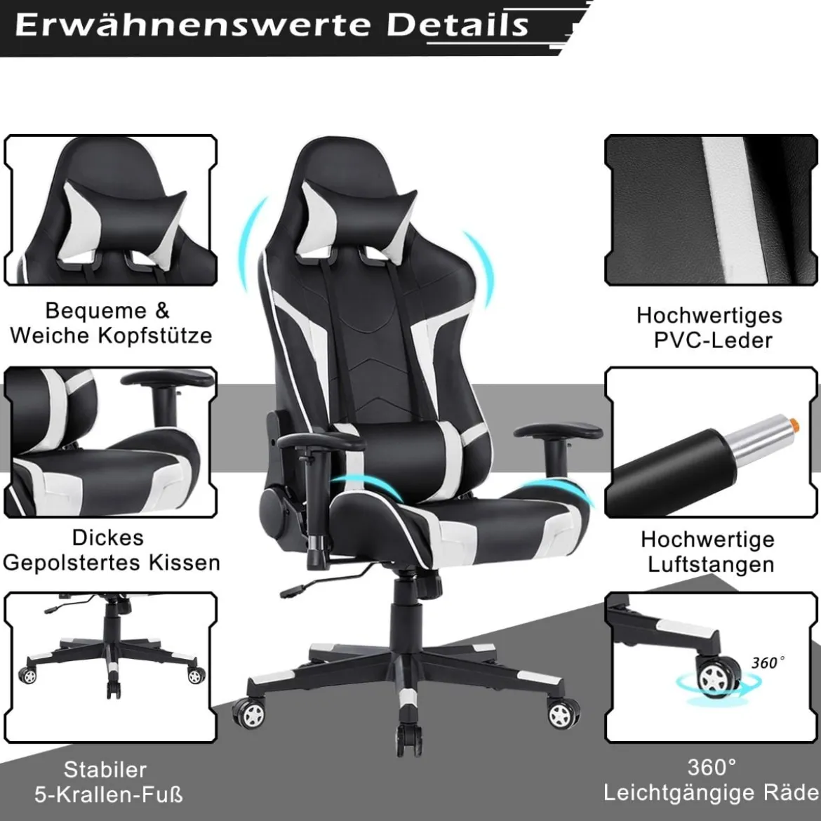 Bürostuhl mit Lendenkissen & Kopfstütze Ergonomischer Gaming Stuhl Schwarz + Weiß