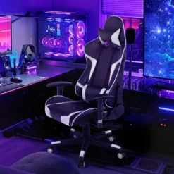 Bürostuhl mit Lendenkissen & Kopfstütze Ergonomischer Gaming Stuhl Schwarz + Weiß