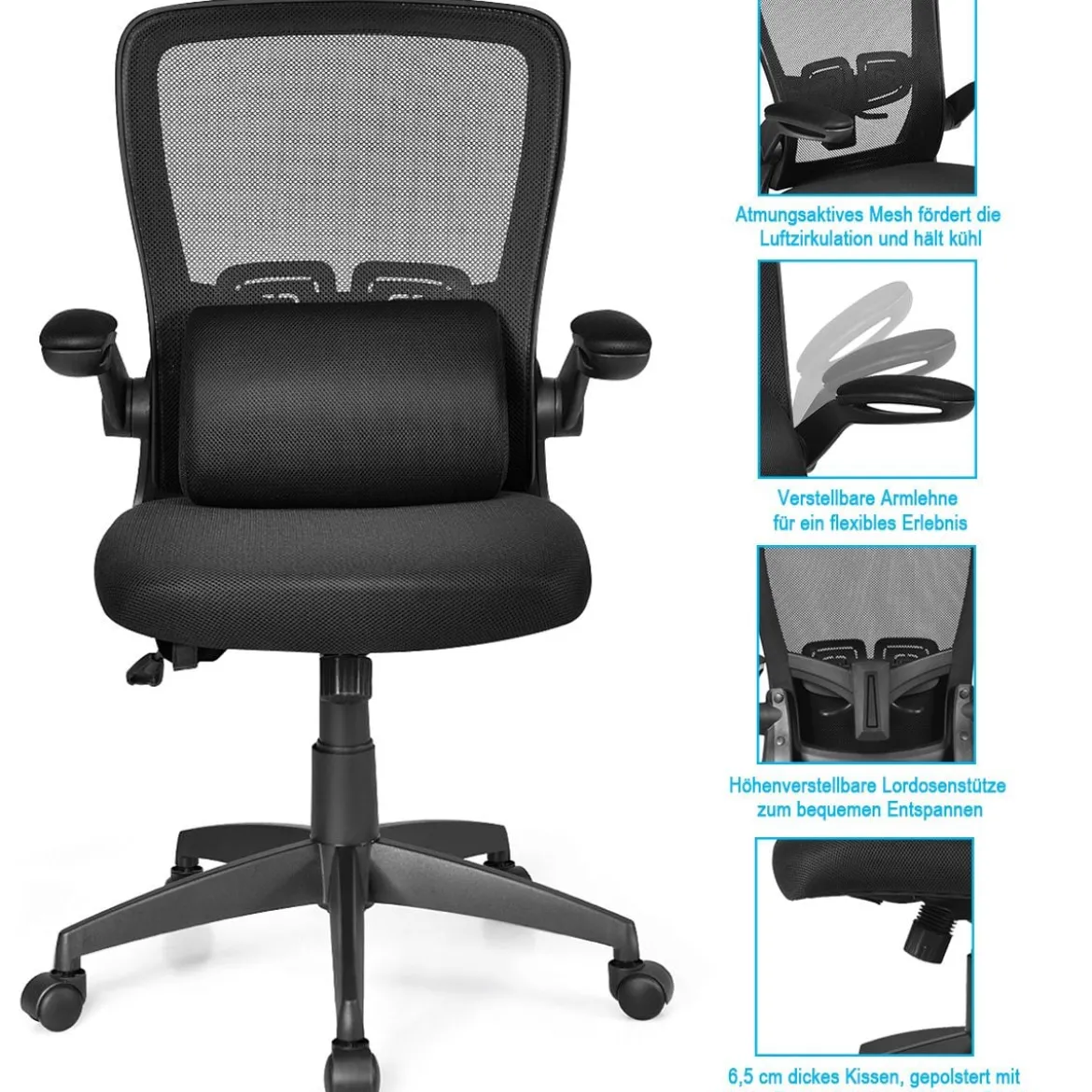 Bürostuhl mit Massagefunktion Höhenverstellbar Ergonomischer Schreibtischstuhl Drehstuhl mit Rückenlehne Schwarz
