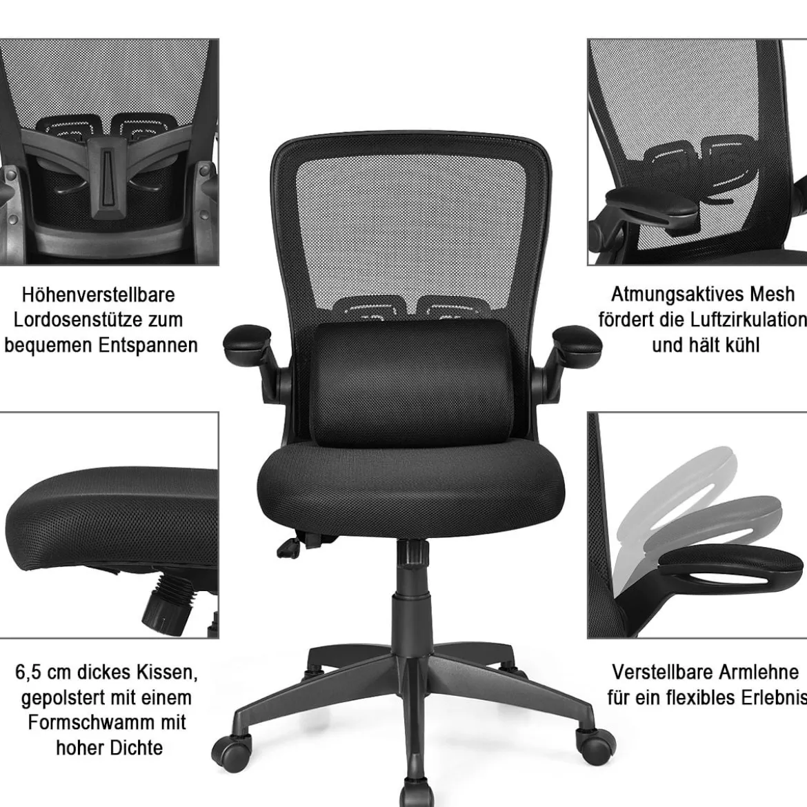 Bürostuhl mit Massagefunktion Höhenverstellbar Ergonomischer Schreibtischstuhl Drehstuhl mit Rückenlehne Schwarz