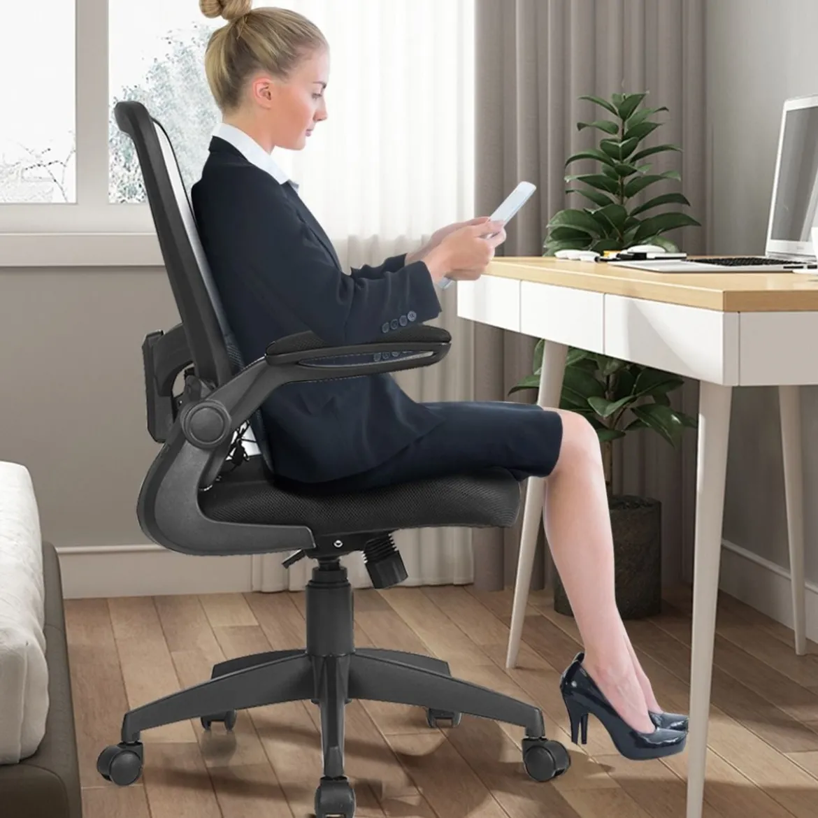 Bürostuhl Netzstoff Drehstuhl mit Lendenwirbelstütze 61 x 61 x 98 - 106 cm Grau
