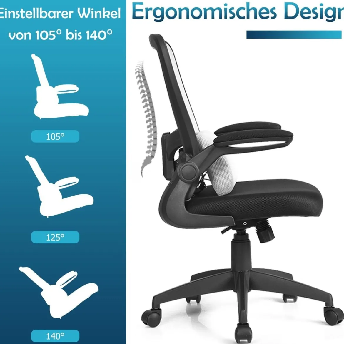 Bürostuhl Netzstoff Drehstuhl mit Lendenwirbelstütze 61 x 61 x 98 - 106 cm Grau