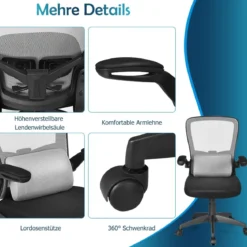 Bürostuhl Netzstoff Drehstuhl mit Lendenwirbelstütze 61 x 61 x 98 - 106 cm Grau