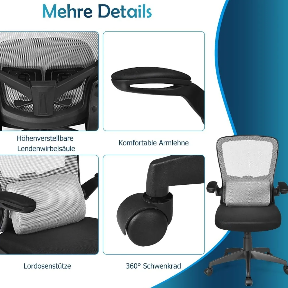 Bürostuhl Netzstoff Drehstuhl mit Lendenwirbelstütze 61 x 61 x 98 - 106 cm Grau