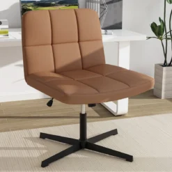 Bürostuhl ohne Armlehnen Schreibtischstuhl mit breitem Sitz & Wippfunktion Kunstleder für Heimbüro Braun/Beige