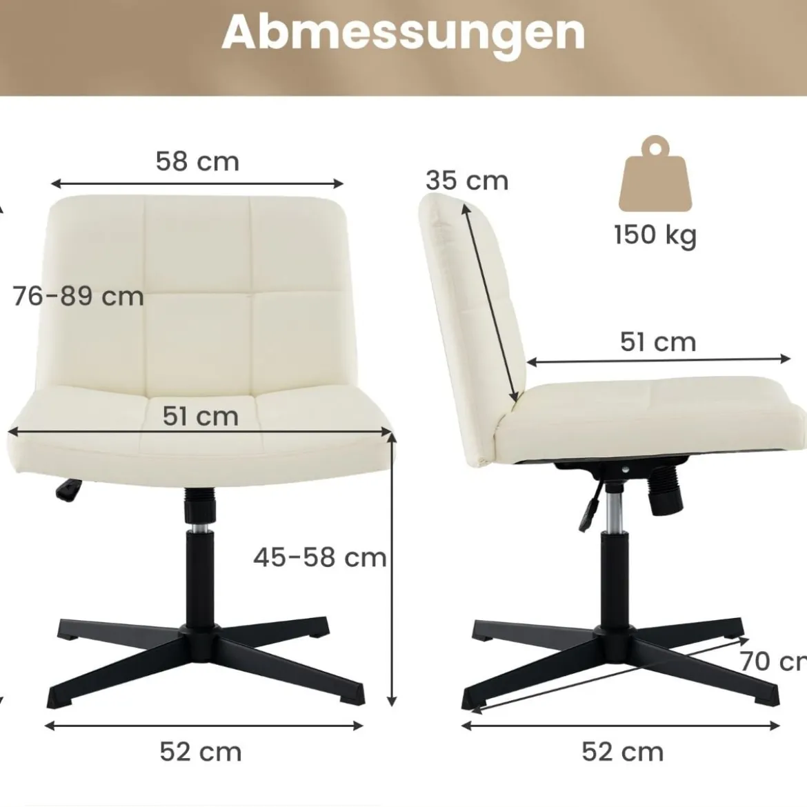 Bürostuhl ohne Armlehnen Schreibtischstuhl mit breitem Sitz & Wippfunktion Kunstleder für Heimbüro Braun/Beige