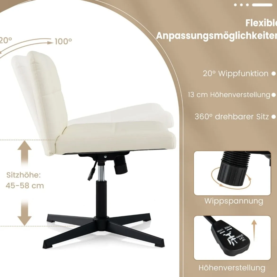 Bürostuhl ohne Armlehnen Schreibtischstuhl mit breitem Sitz & Wippfunktion Kunstleder für Heimbüro Braun/Beige
