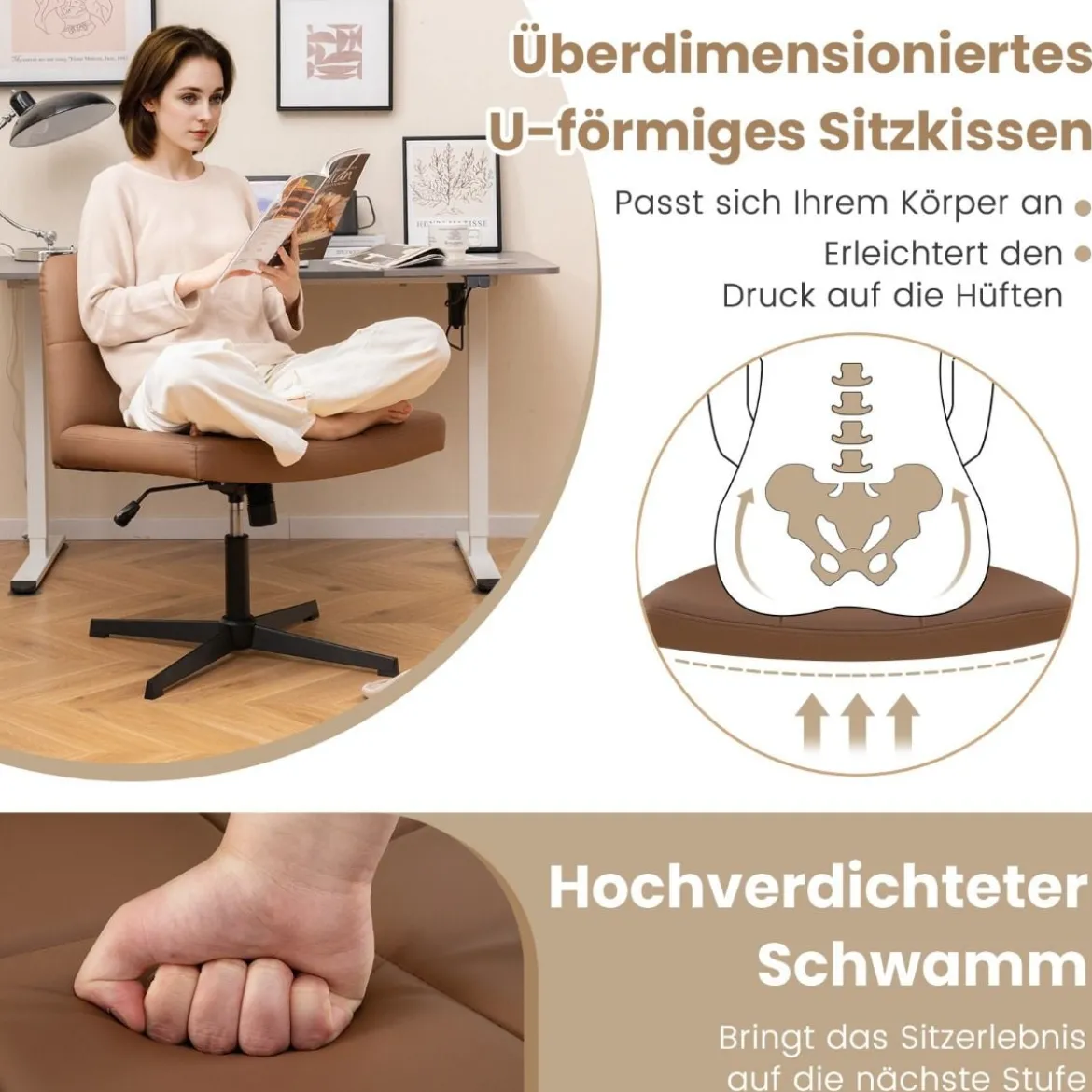 Bürostuhl ohne Armlehnen Schreibtischstuhl mit breitem Sitz & Wippfunktion Kunstleder für Heimbüro Braun/Beige