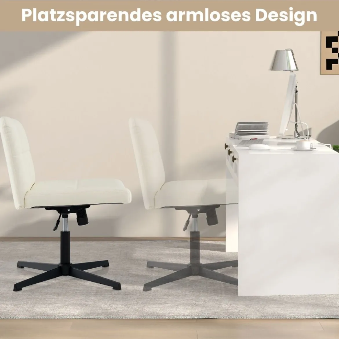 Bürostuhl ohne Armlehnen Schreibtischstuhl mit breitem Sitz & Wippfunktion Kunstleder für Heimbüro Braun/Beige