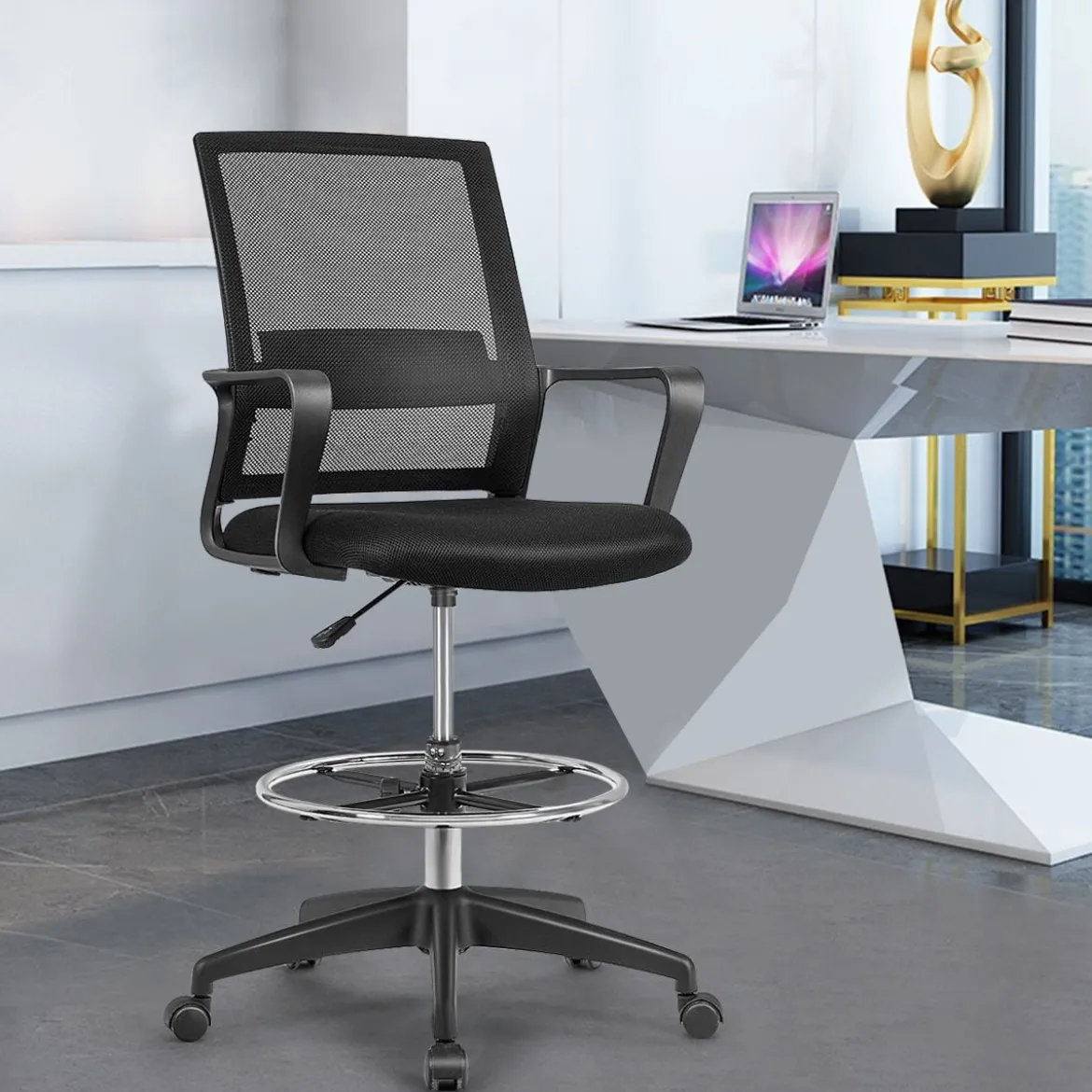 Bürostuhl Zeichenstuhl aus Netzstoff Hoher Bürostuhl mit verstellbarem Fußring Schwarz