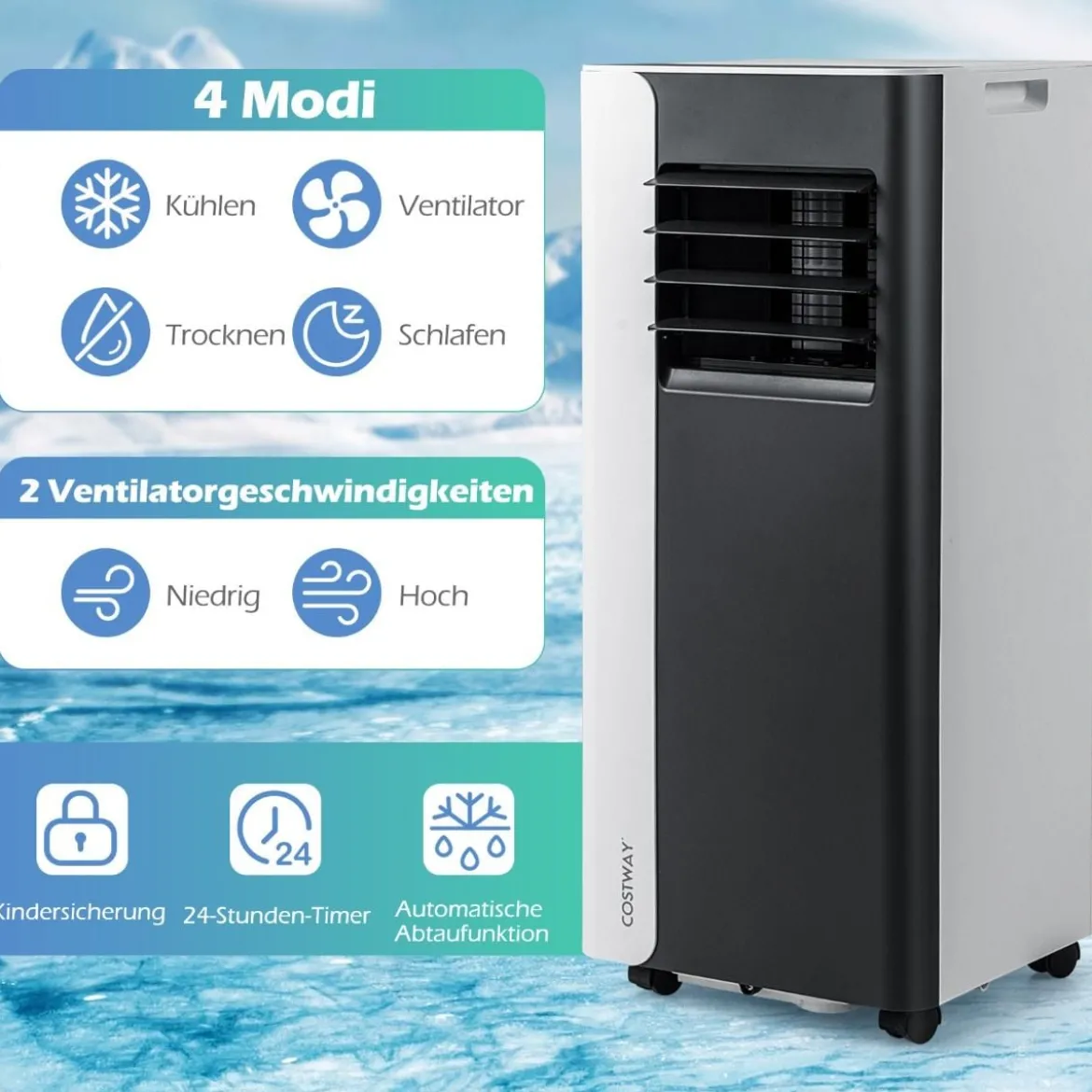 7000BTU mobile Klimaanlage 3-in-1 Kühlgerät mit Ventilator & Luftentfeuchter für Räume bis zu 28㎡ Schwarz