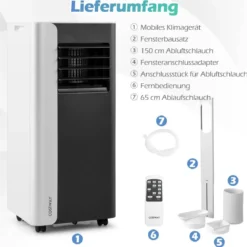 7000BTU mobile Klimaanlage 3-in-1 Kühlgerät mit Ventilator & Luftentfeuchter für Räume bis zu 28㎡ Schwarz