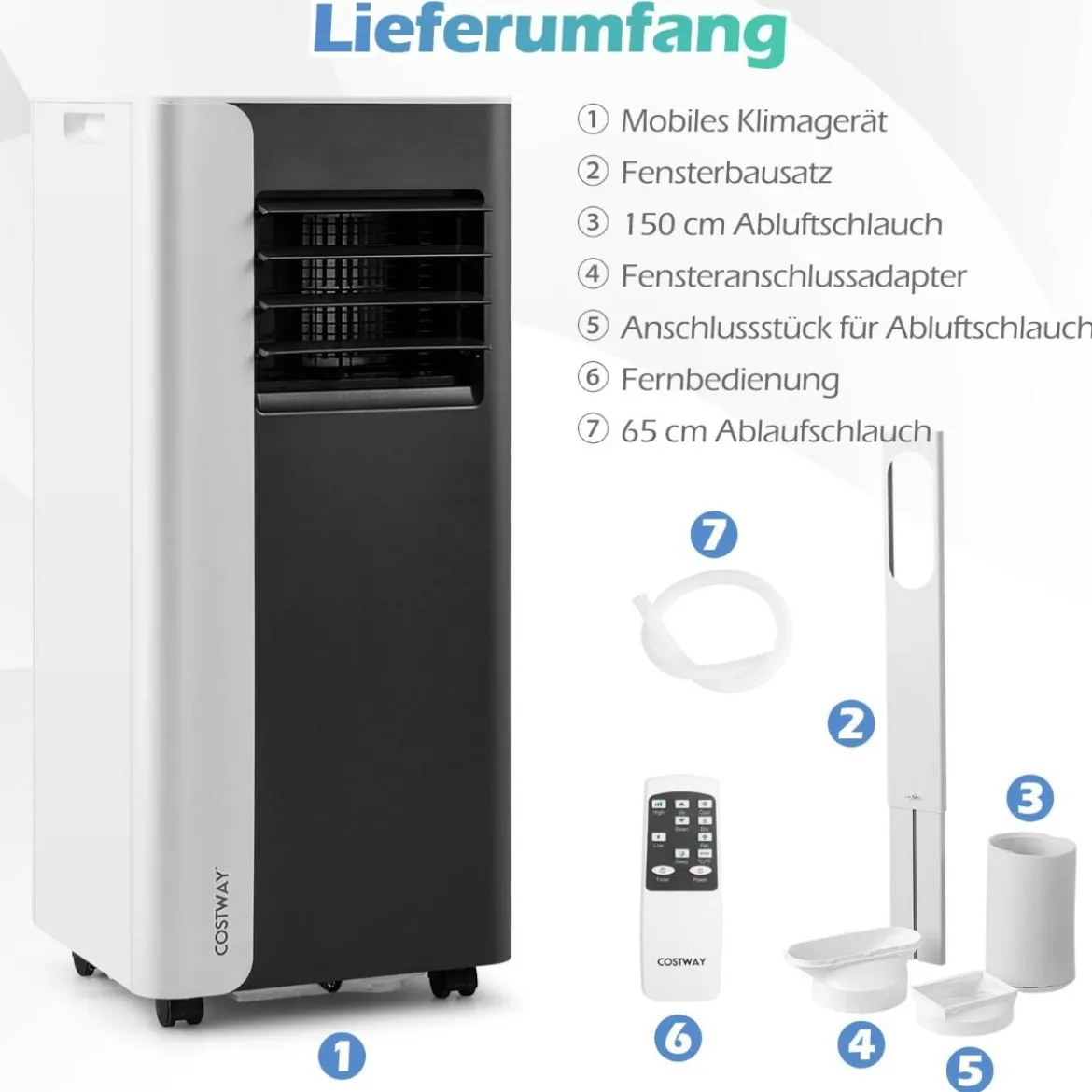 7000BTU mobile Klimaanlage 3-in-1 Kühlgerät mit Ventilator & Luftentfeuchter für Räume bis zu 28㎡ Schwarz