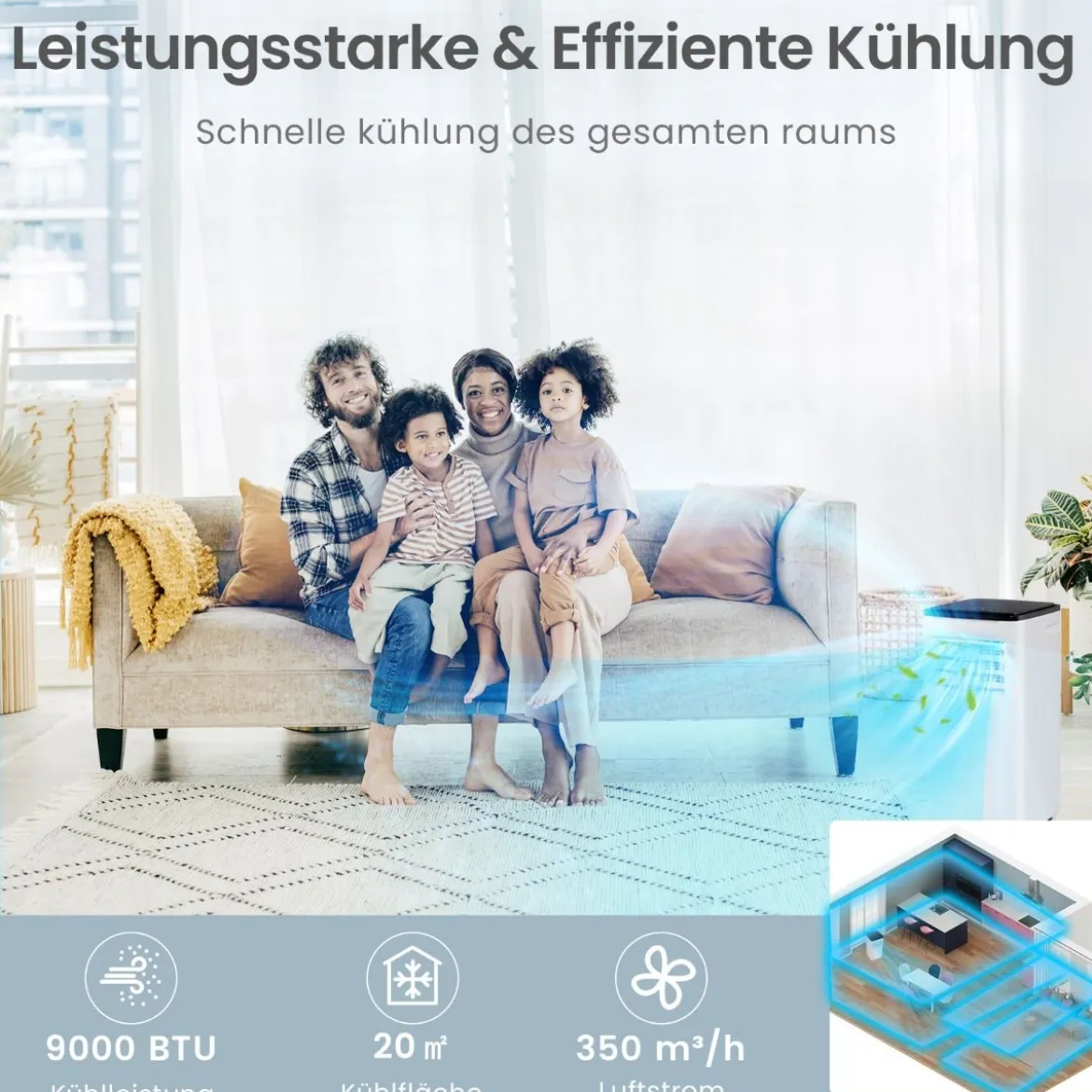 9000 BTU mobile Klimaanlage mit Abluftschlauch 4 in 1 Klimagerät mit Kühlen Weiß