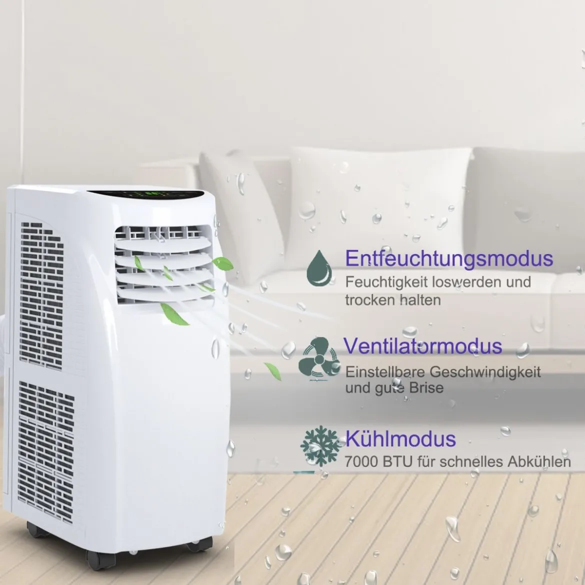 7000 BTU Tragbare Klimaanlage mit Fernbedienung Kühlmodus mobile Klimaanlage 32 x 36 x 62,5 cm Weiß