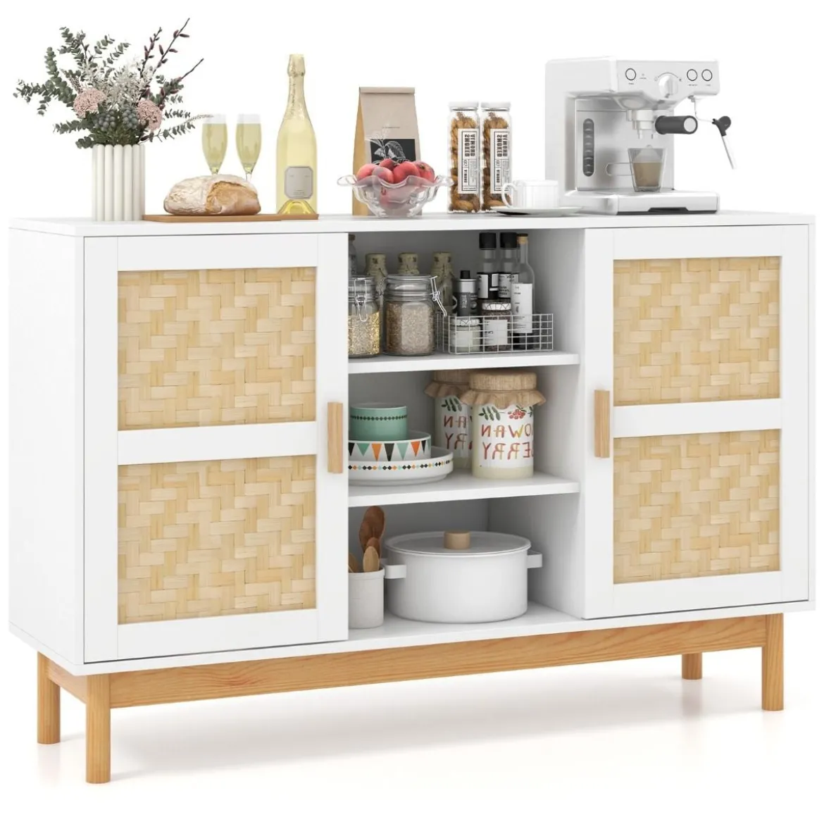 Buffetschrank aus Holz Küchenschrank mit 2 Bambustüren & 3 offenen Regalen 120 x 35 x 78 cm Natur + Weiß