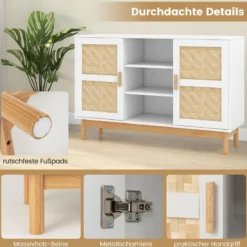 Buffetschrank aus Holz Küchenschrank mit 2 Bambustüren & 3 offenen Regalen 120 x 35 x 78 cm Natur + Weiß
