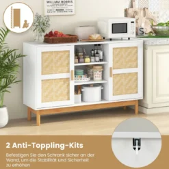 Buffetschrank aus Holz Küchenschrank mit 2 Bambustüren & 3 offenen Regalen 120 x 35 x 78 cm Natur + Weiß