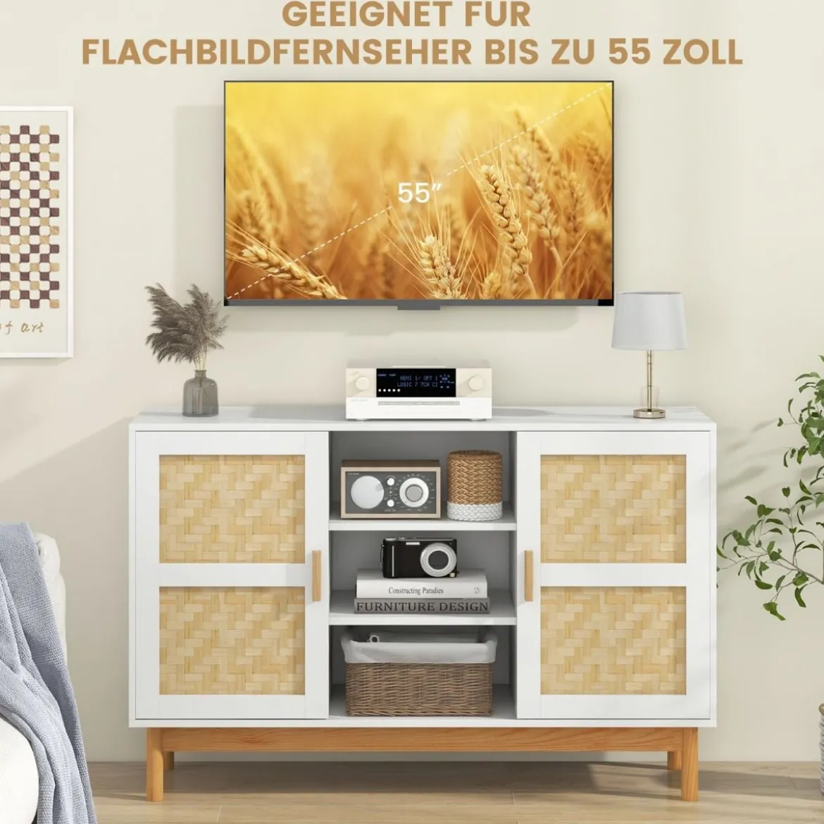 Buffetschrank aus Holz Küchenschrank mit 2 Bambustüren & 3 offenen Regalen 120 x 35 x 78 cm Natur + Weiß