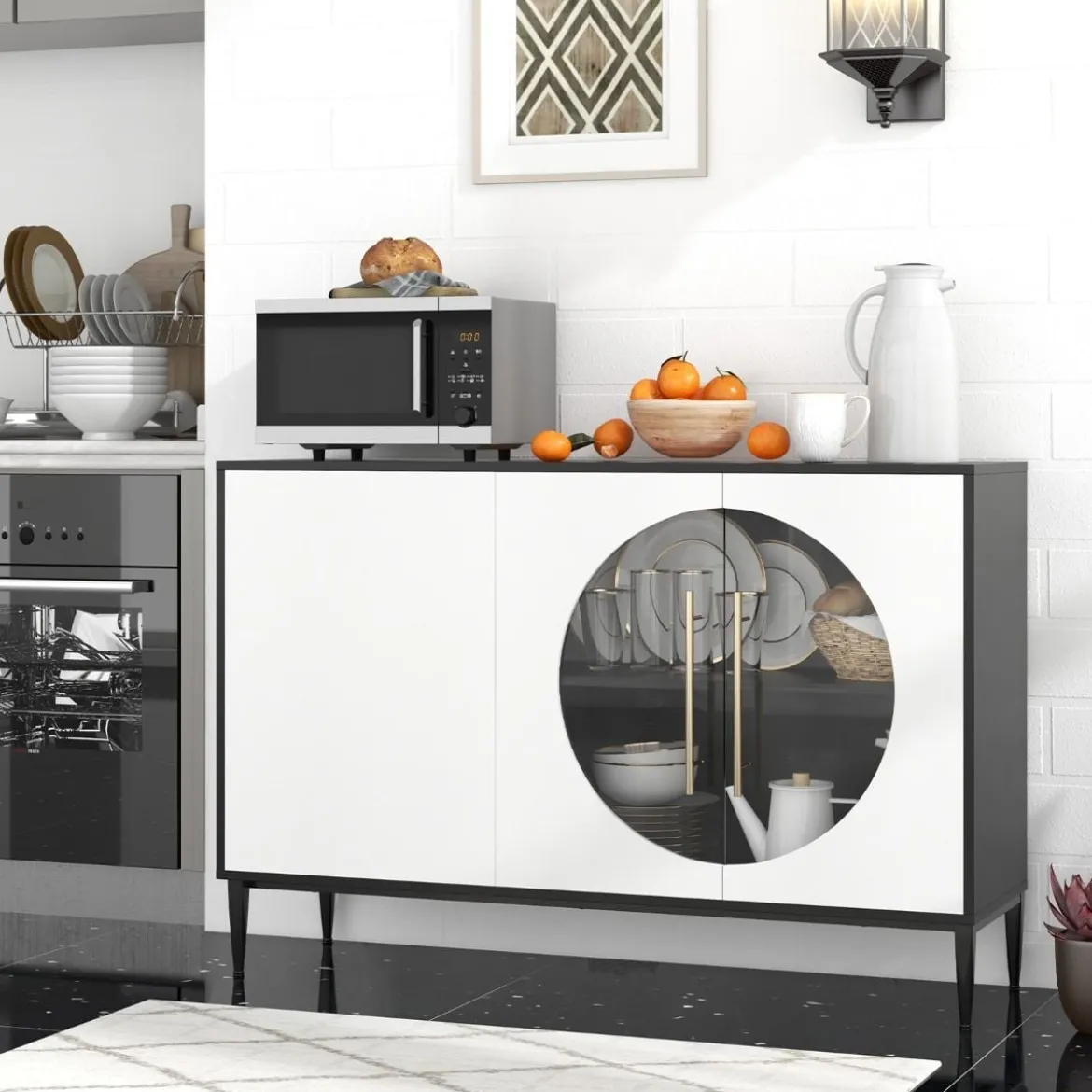 Buffetschrank mit Glastüren & Metallbeinen Sideboard Küchenschrank Weiß + Schwarz