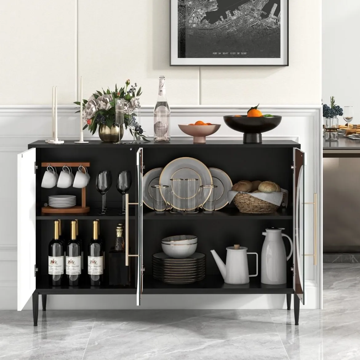 Buffetschrank mit Glastüren & Metallbeinen Sideboard Küchenschrank Weiß + Schwarz
